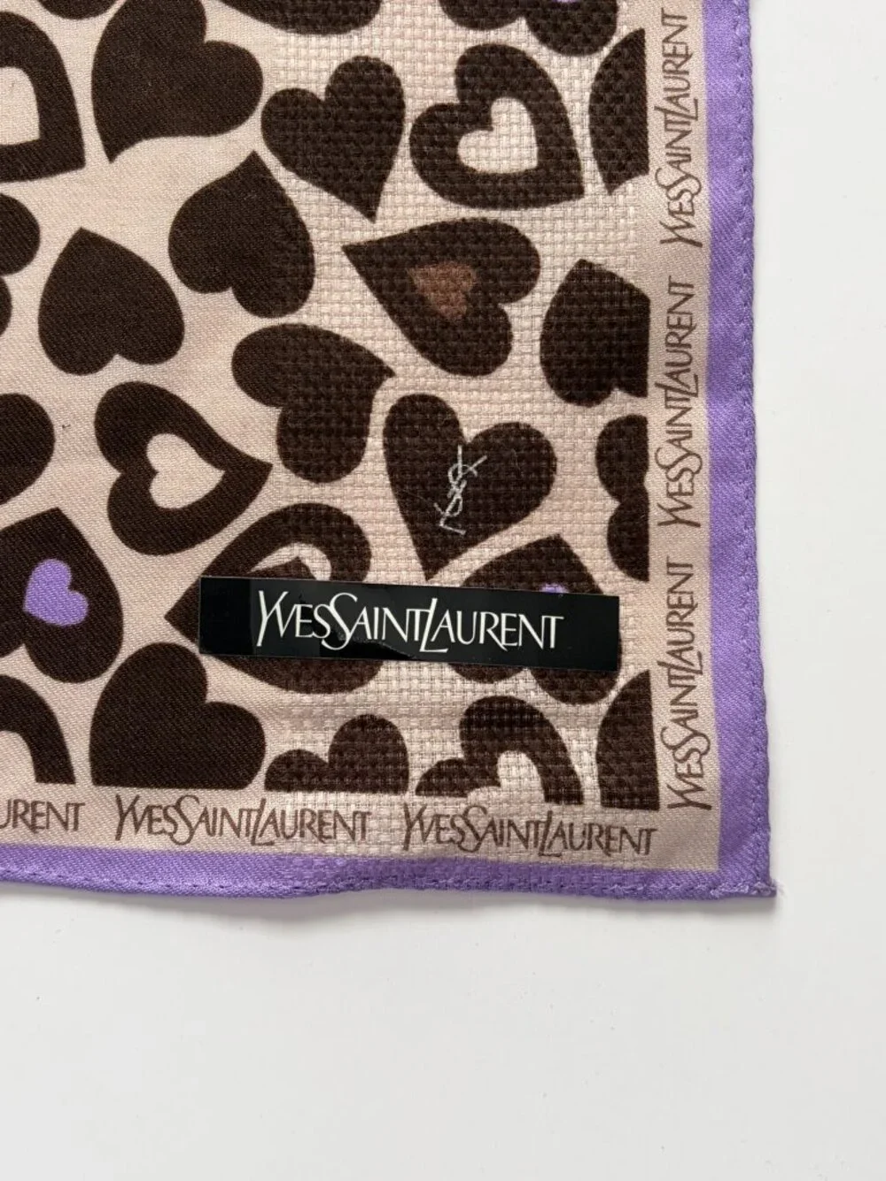 YSL Yves Saint Laurent Heart Print Square Scarf Bandana Lavender Brown NWOT
